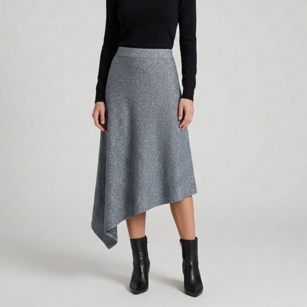 Hunter Bell Adrianna Metallic Blue Asymmetrical Knit Midi Skirt Size Large